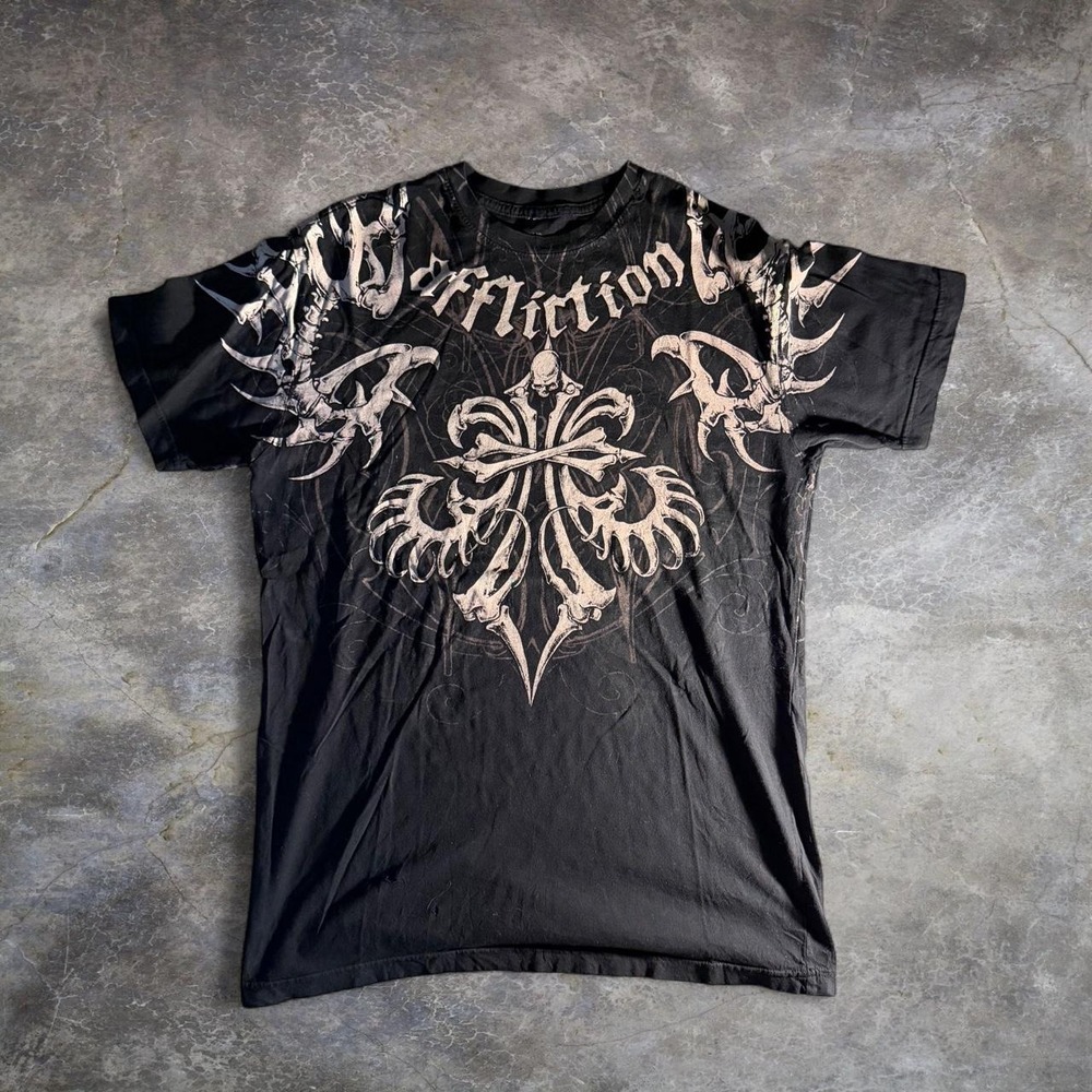 Affliction Mens Black Skeleton Cross All Over Graphic T-Shirt Y2K Gothic L